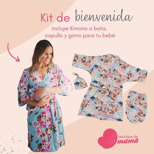 Kimono con capullo y gorro para bebé (bata para hospital)